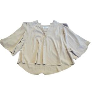 Mable Women's Long Sleeve Shimmery Clasp V Neck Flowy Shirt Beige Medium